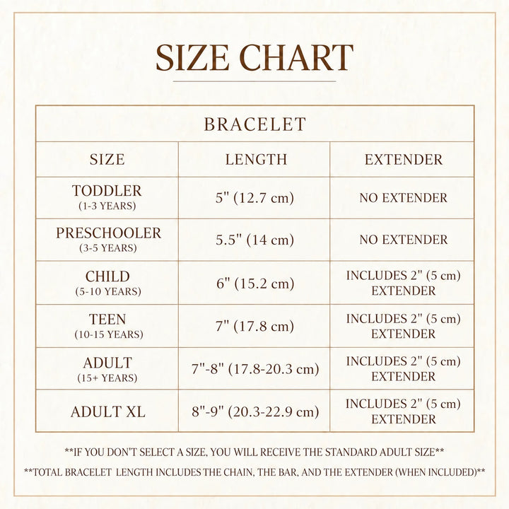 Bracelet size chart showing lengths and extender details from toddler to adult XL