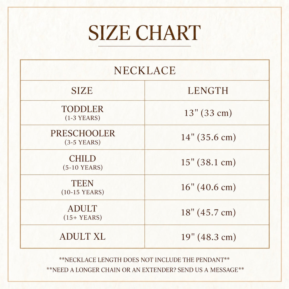 Necklace size chart showing chain lengths from toddler to adult XL