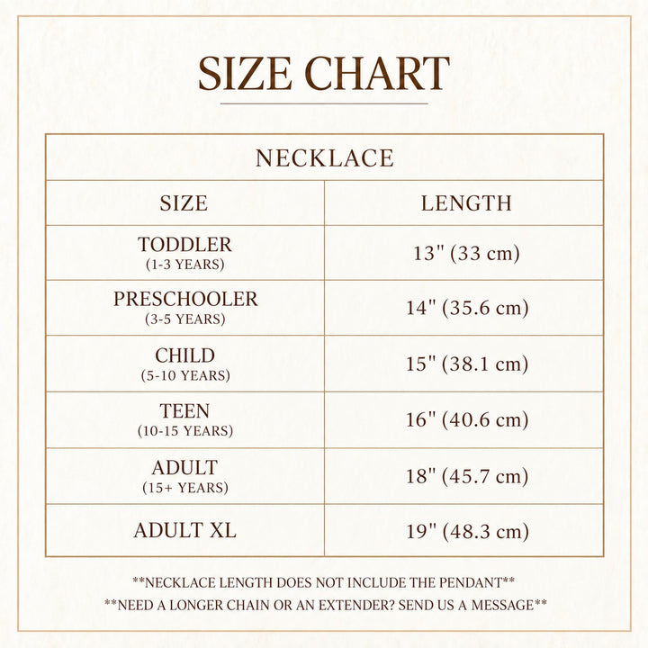 Necklace size chart showing chain lengths from toddler to adult XL