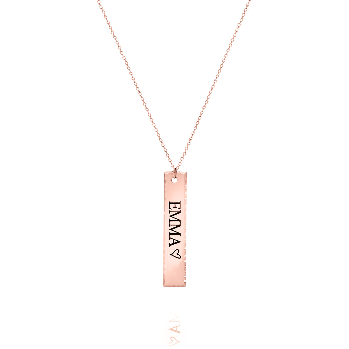 Rose-gold-tone vertical bar necklace engraved with EMMA and a heart symbol on a white background