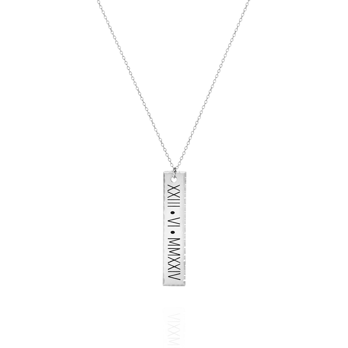 Silver-tone vertical bar necklace engraved with Roman numerals and dots on a white background