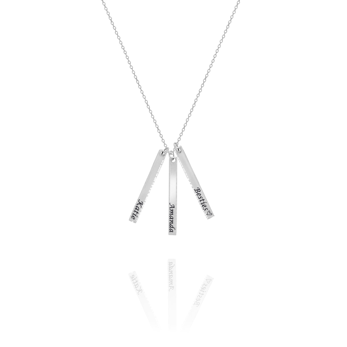 A personalized hammered bar necklace with the words engraved on each bar, suspended on a gold chain against a white background.