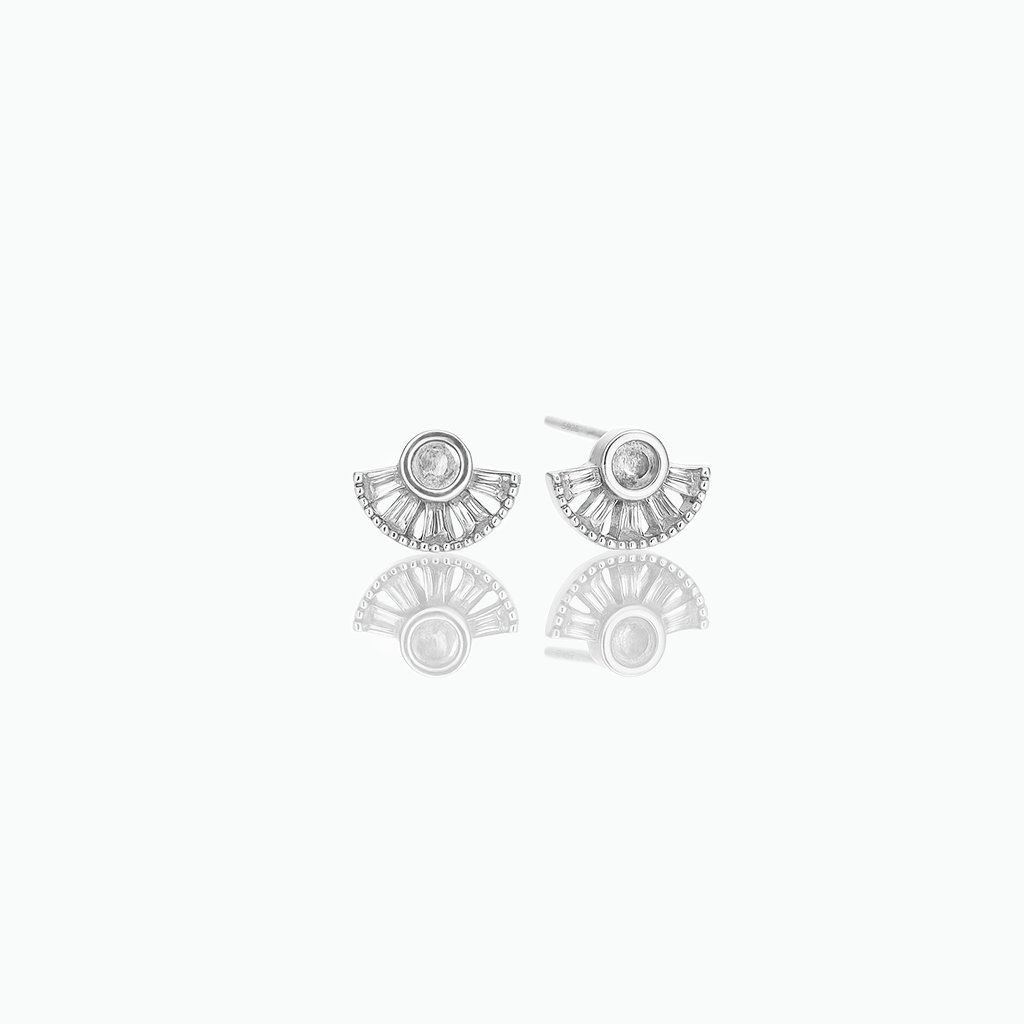 Pair of silver earrings with a central gemstone on a white background