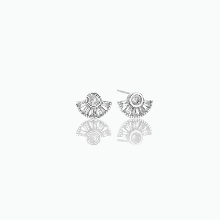 Pair of silver earrings with a central gemstone on a white background