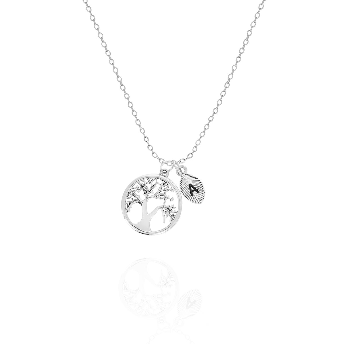Silver-tone tree of life necklace with a leaf-shaped charm engraved A on a white background