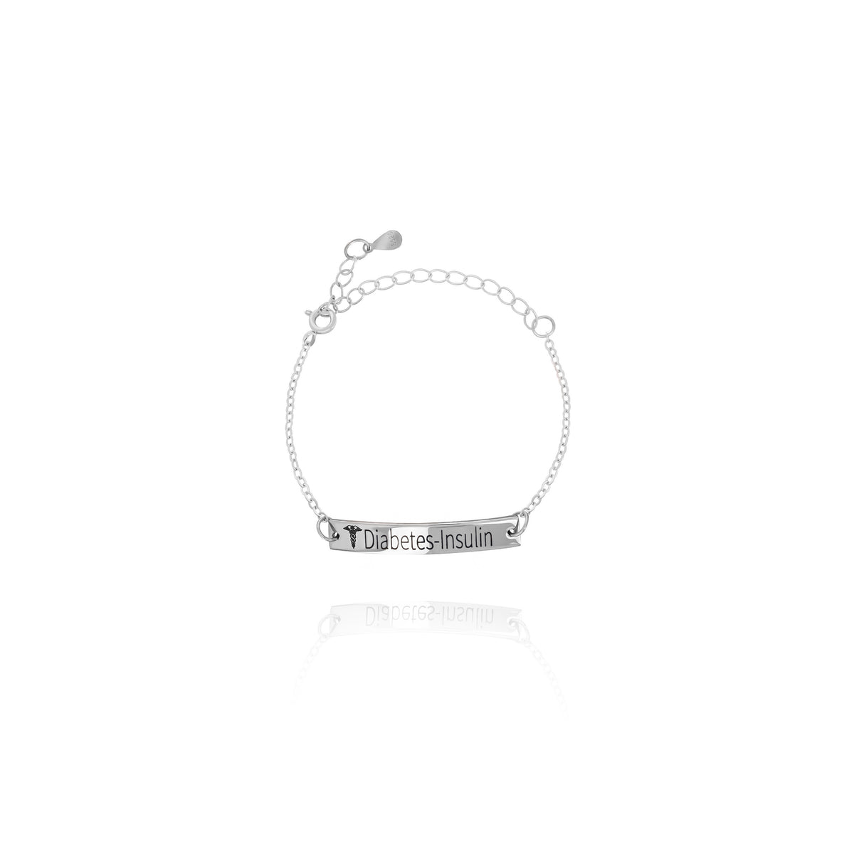 Silver-tone medical ID bracelet engraved Diabetes-Insulin with adjustable chain on white background