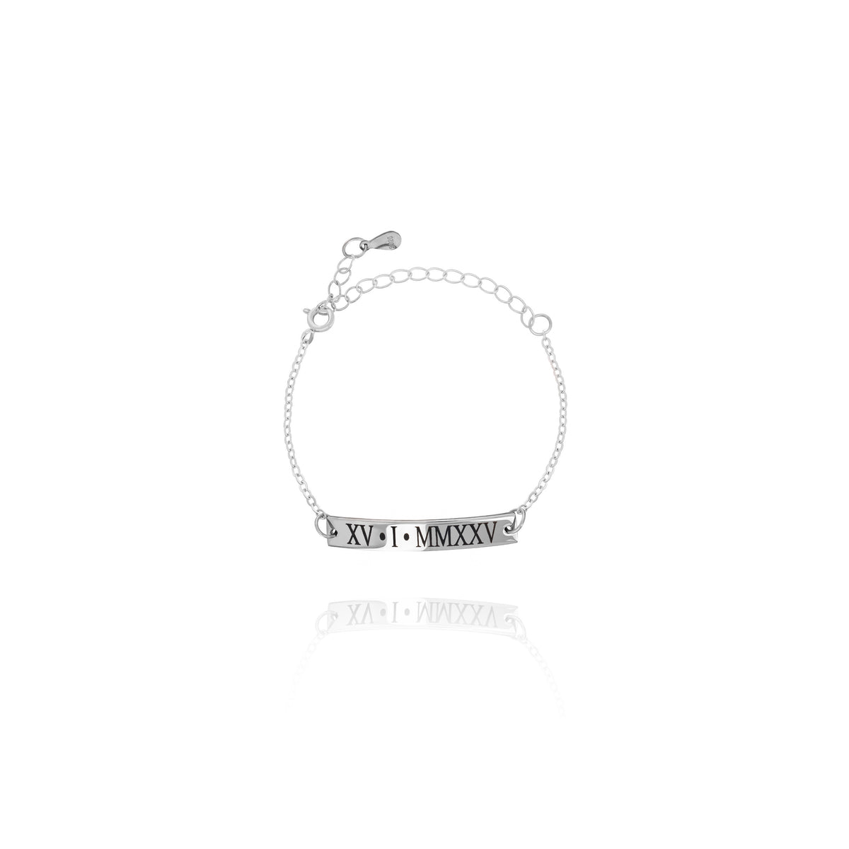 Silver-tone bar bracelet engraved XV I MMXXV on a white background