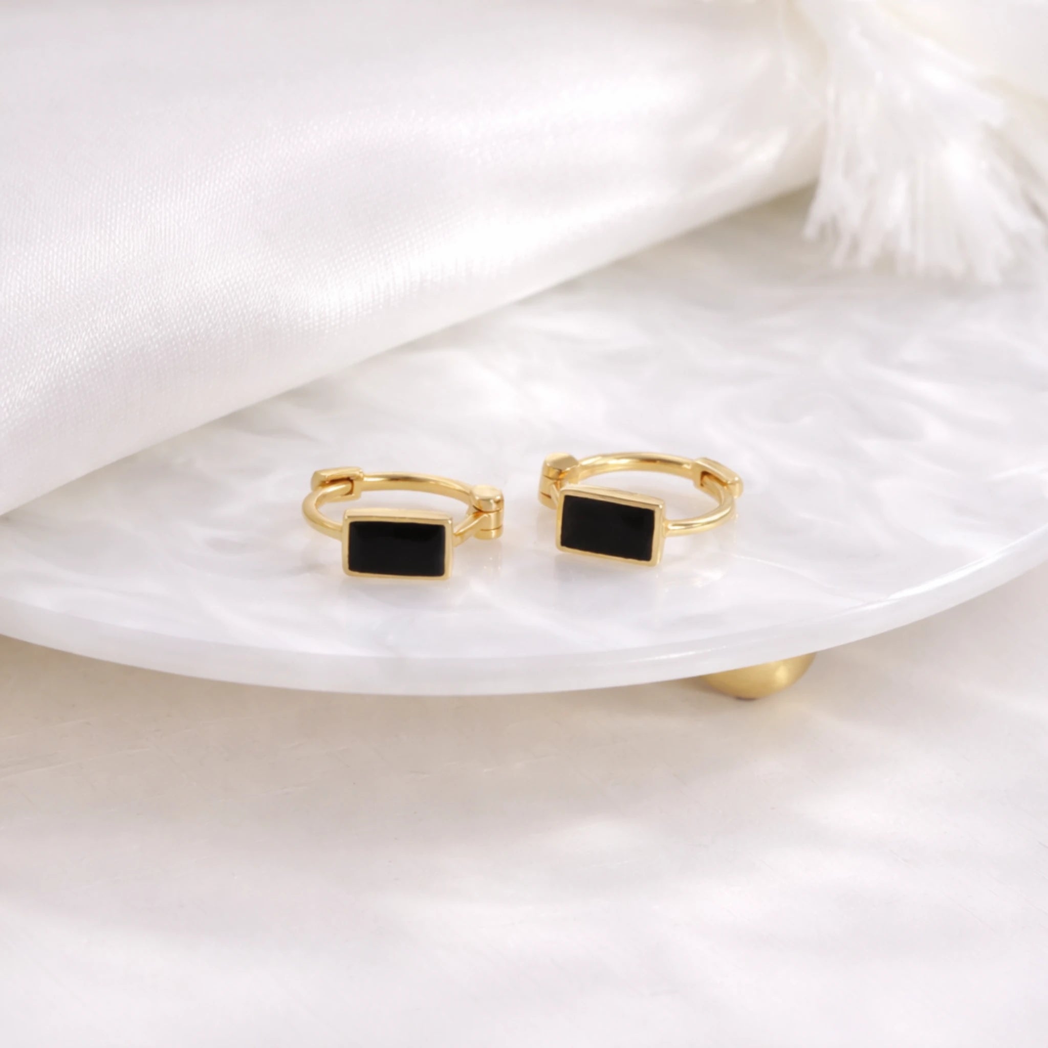 Sterling Silver Black Stone Huggie Hoop Earrings