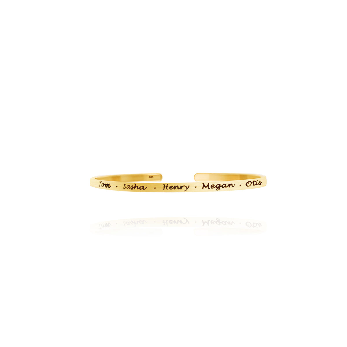 Gold-tone cuff bracelet engraved Tom, Sasha, Henry, Megan, and Otis on a white background