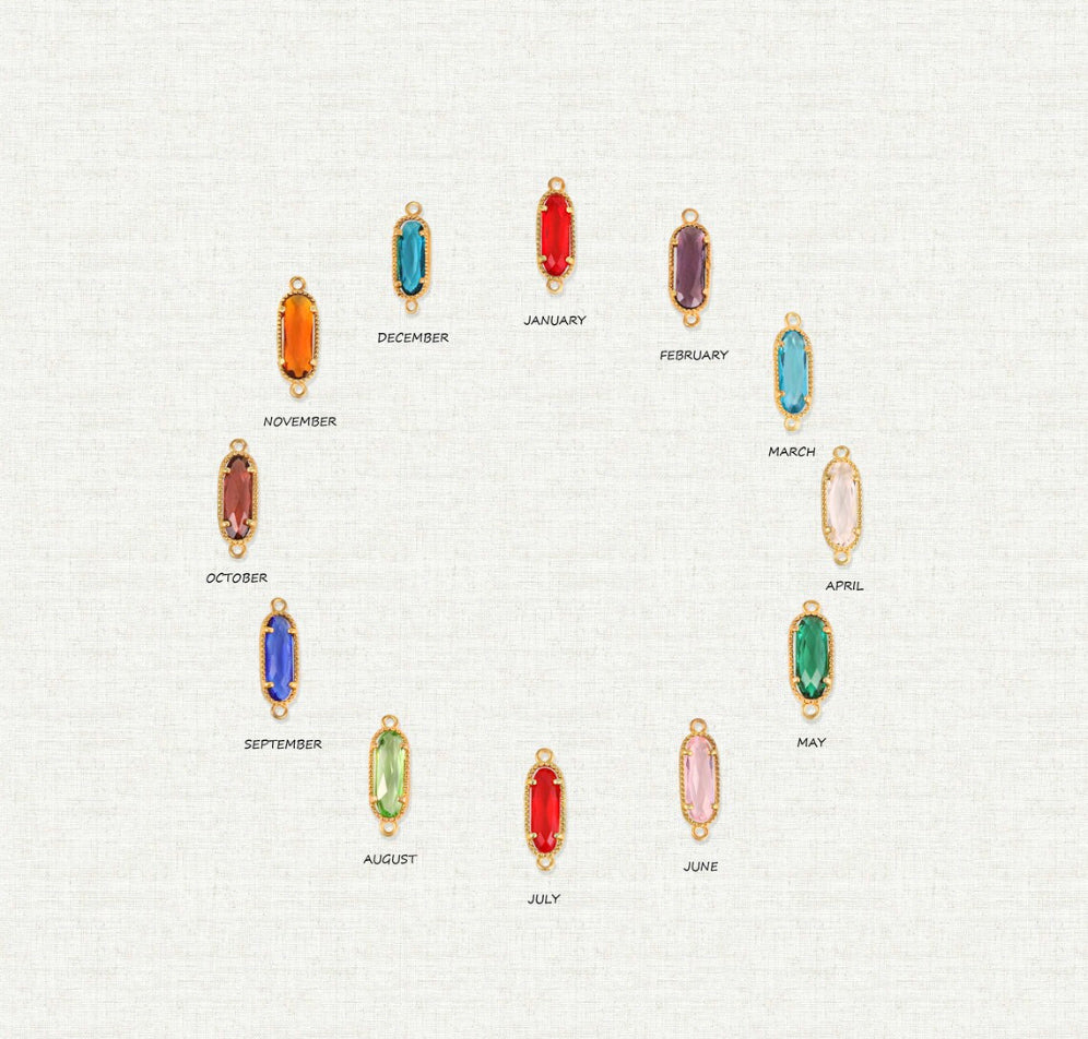Birthstone chart showing colored rectangular stone options labeled January through December