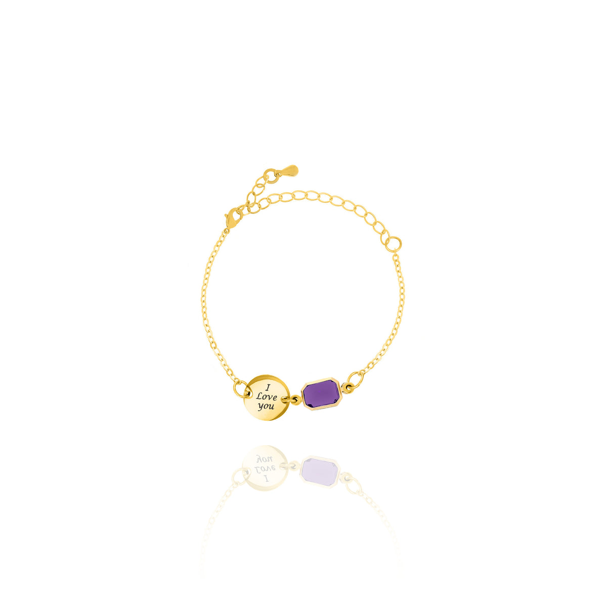 Gold-tone bracelet with round disc engraved I Love You and purple rectangular stone on white background
