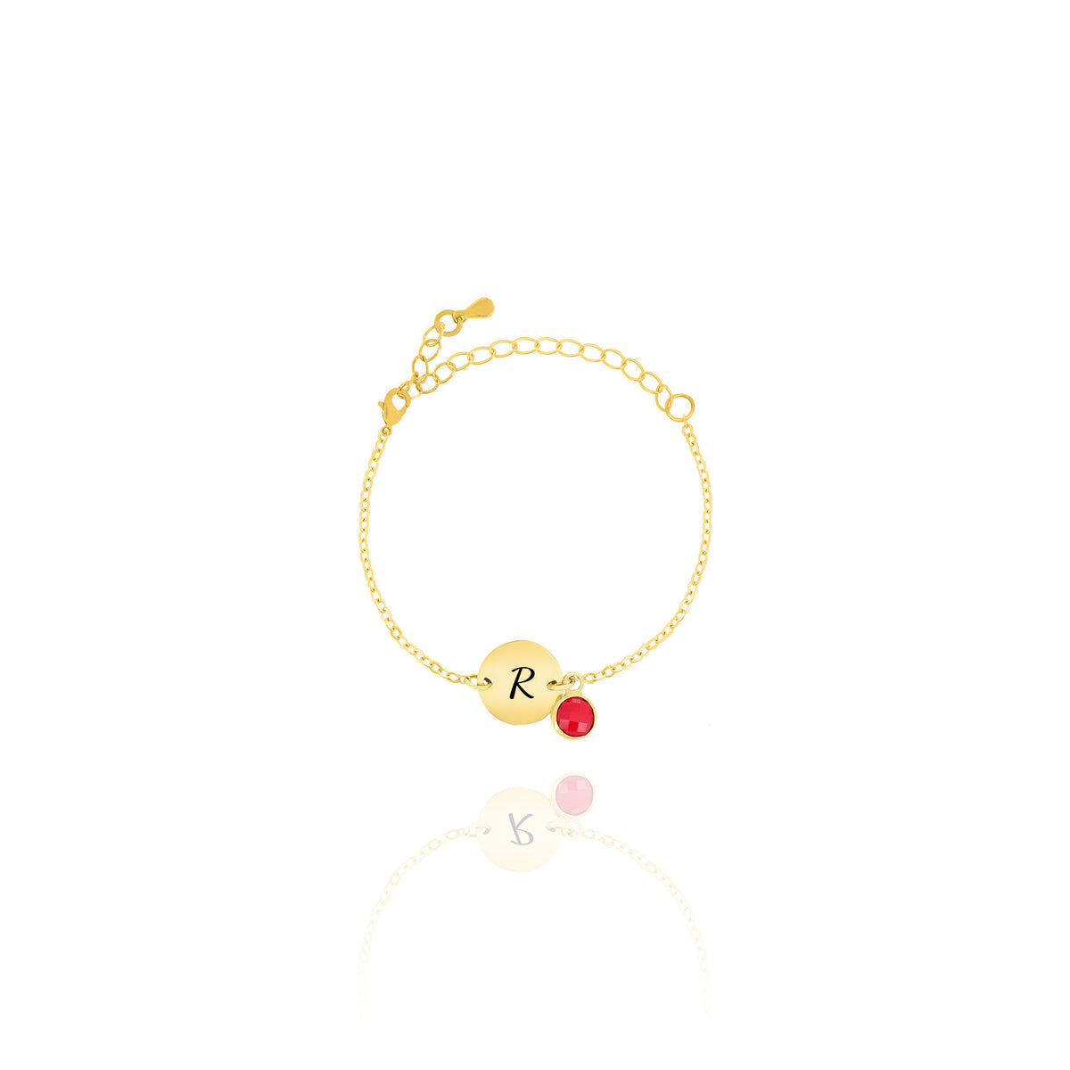 Personalized Birthstone Initial Bracelet – Round Stone Drop Disc Charm