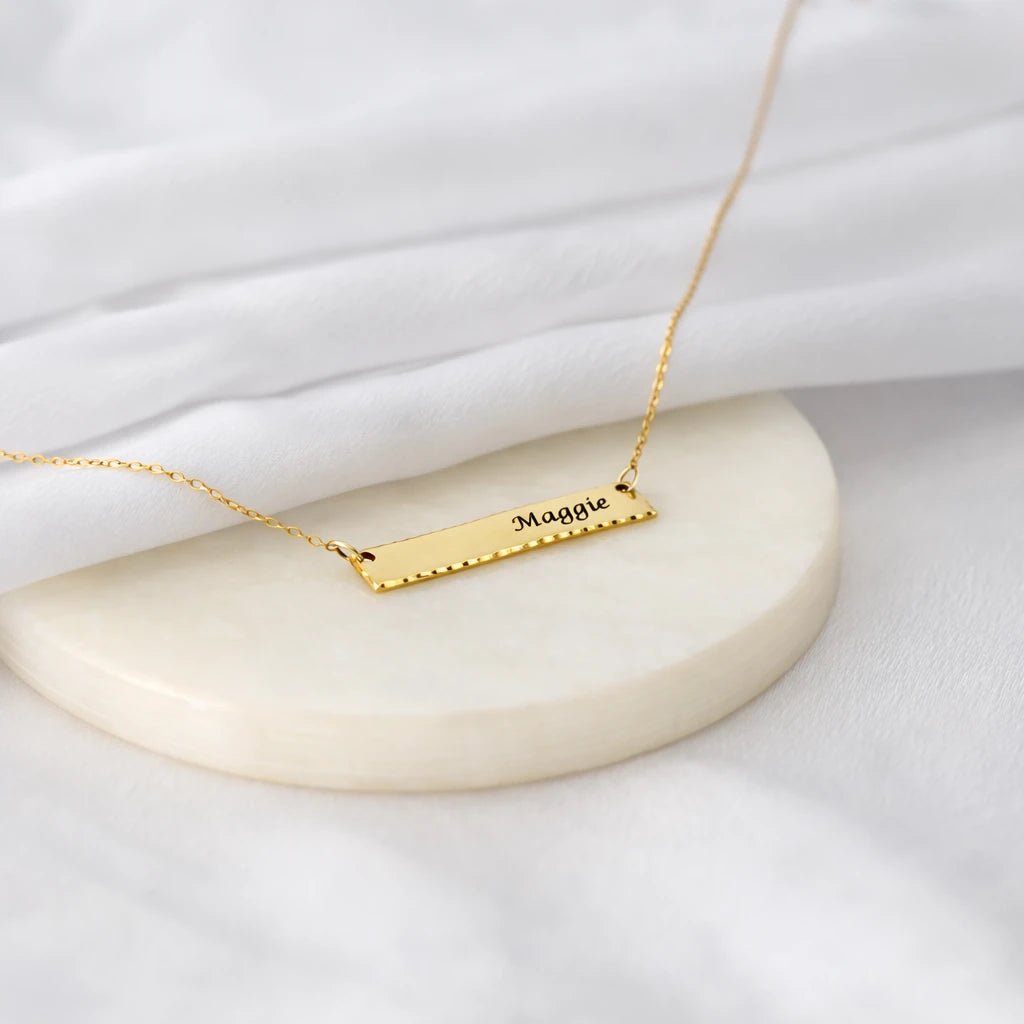 Hammered Edge Bar Necklace – Personalized Engraved Minimalist Jewelry