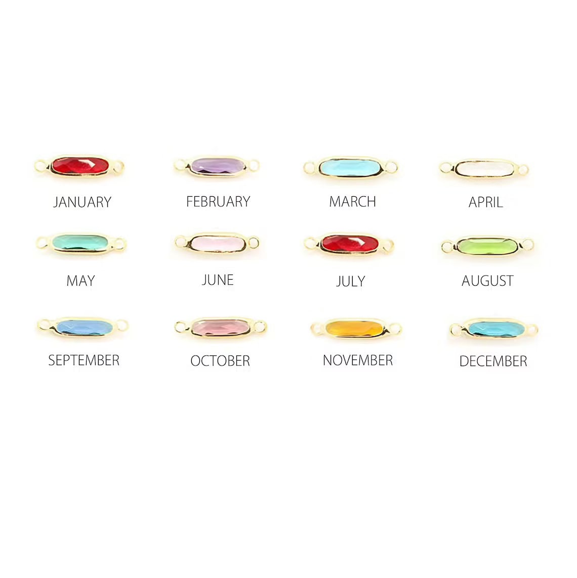 Chart of elongated colored stone options labeled January through December in three rows