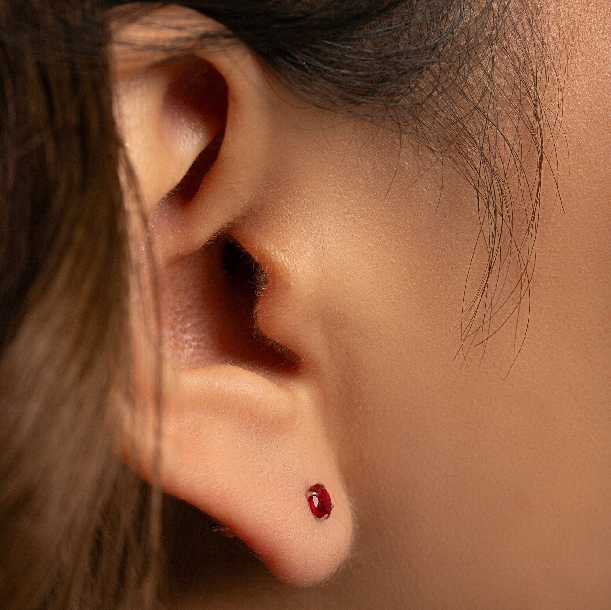 Tiny Ruby Stud Earrings – Minimalist Cartilage Earrings, Dainty Gift for Her- S091