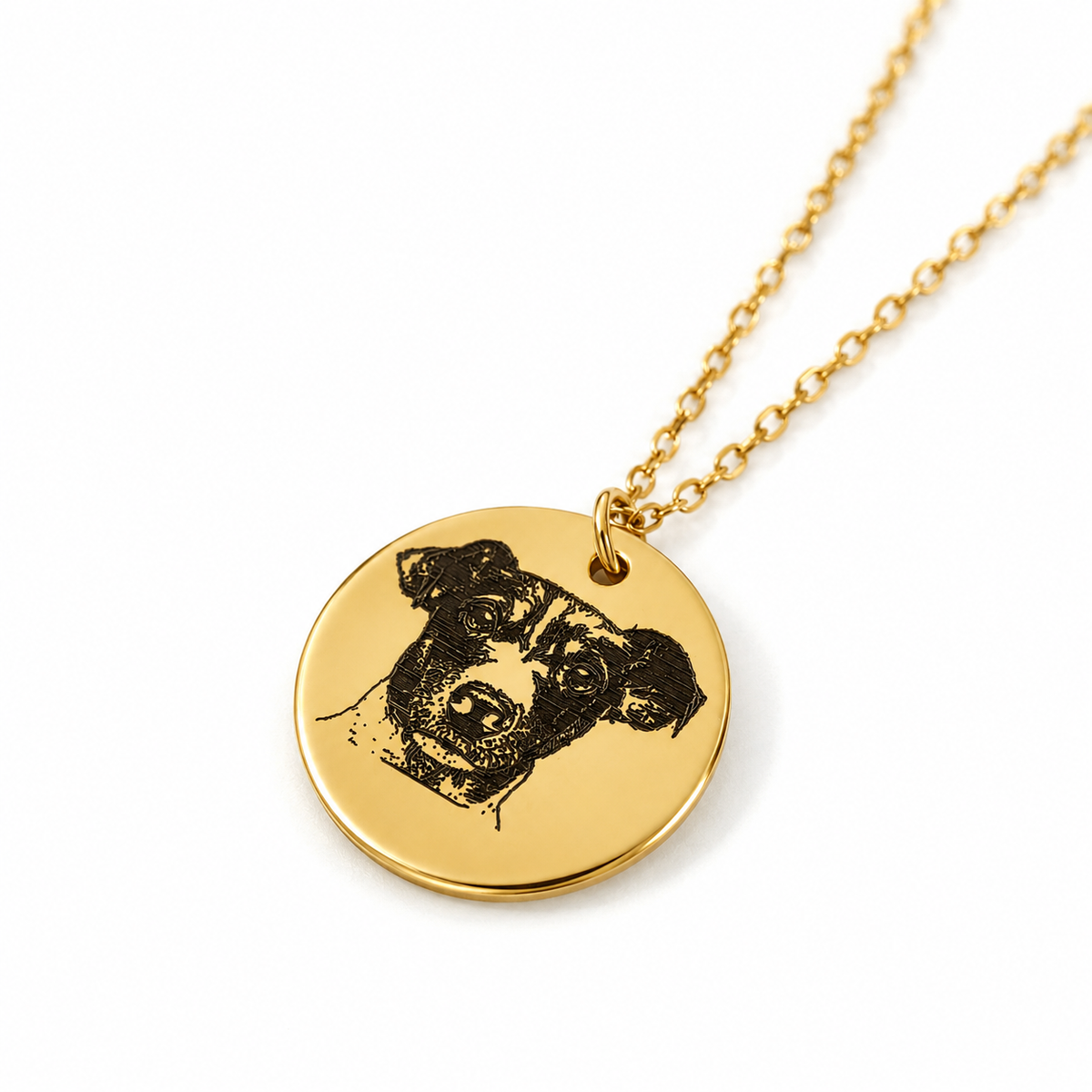Close-up of gold-tone round pendant necklace featuring a dog portrait on a white background