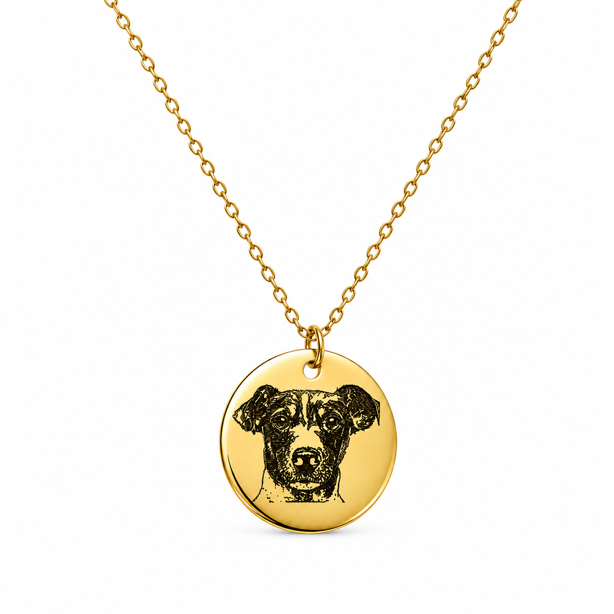 Gold-tone round pendant necklace featuring a dog portrait on a white background
