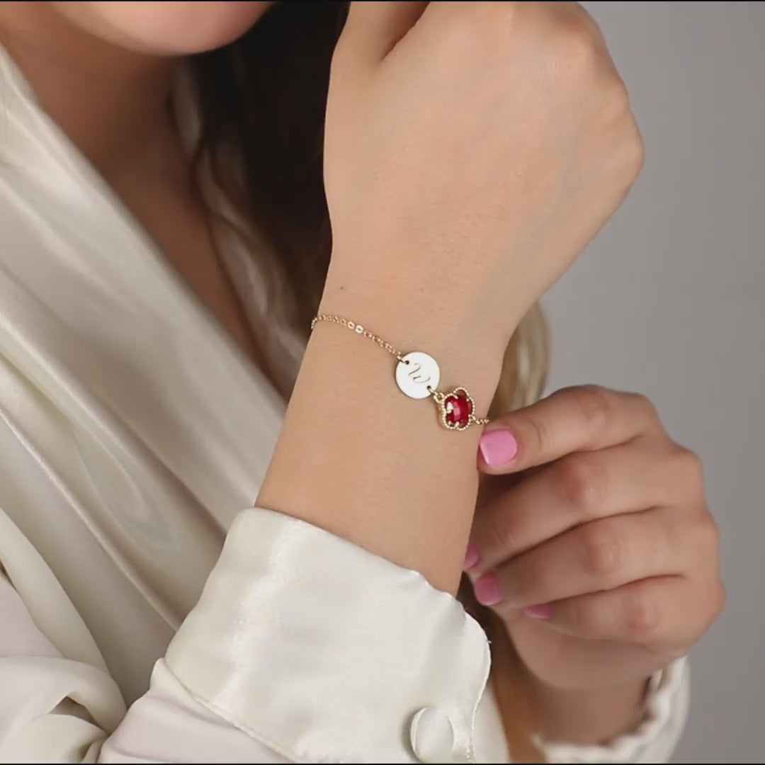 Personalized Birthstone Initial Bracelet – Round Beaded Frame Stone & Disc
