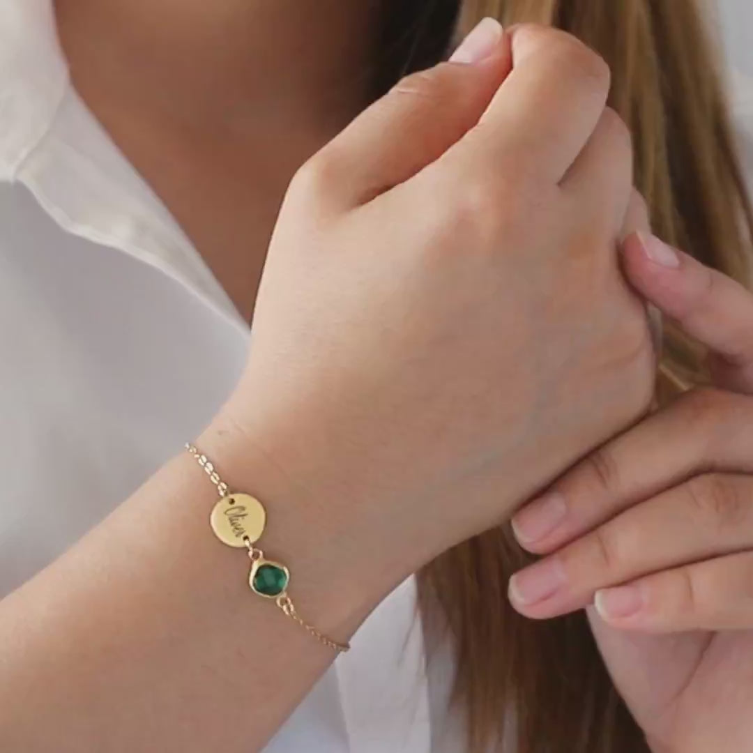 Personalized Birthstone Initial Bracelet – Dainty Disc Charm