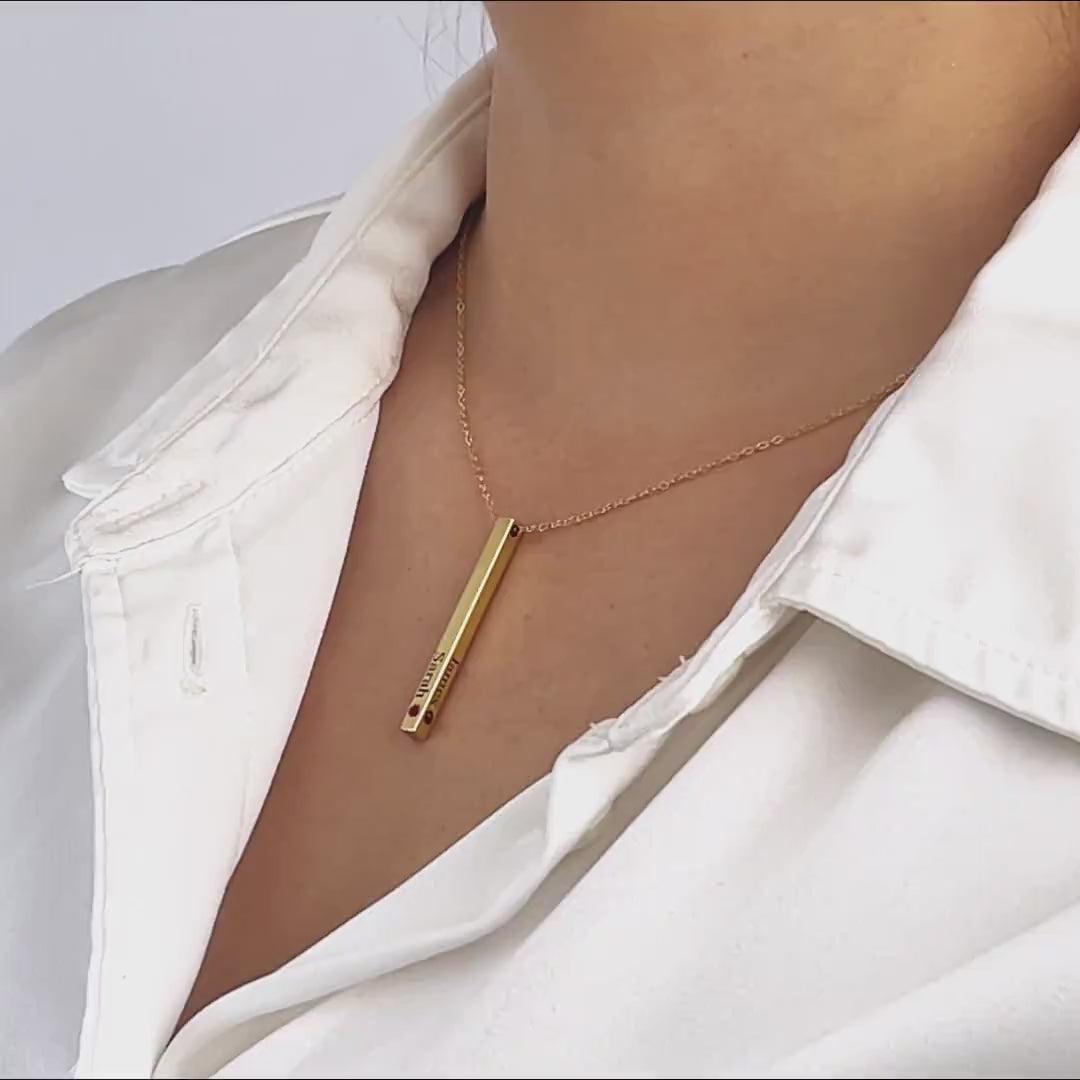 Birthstone Bar Necklace – 4-Sided Personalized Engraved