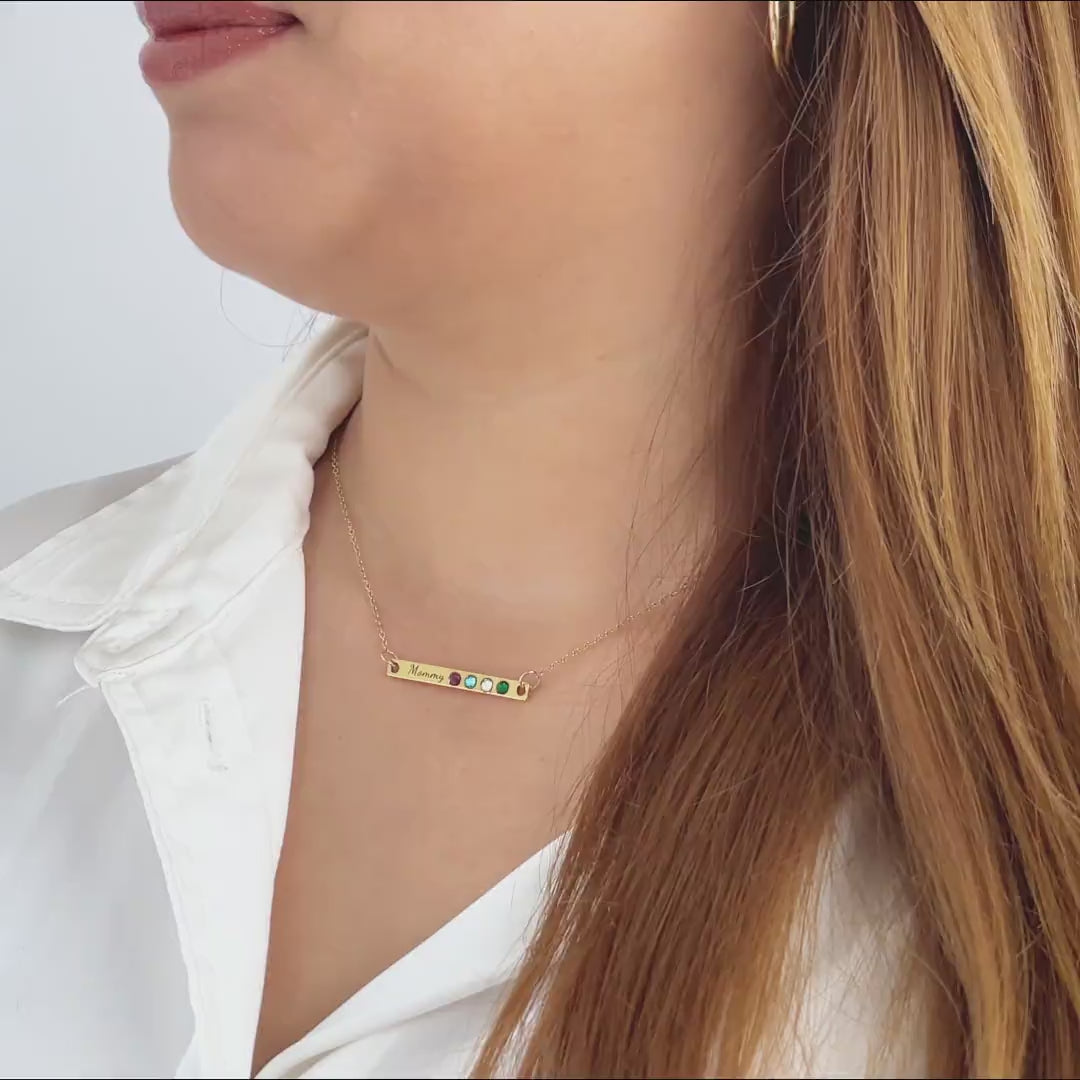 Personalized Engraved Bar Necklace with Birthstones