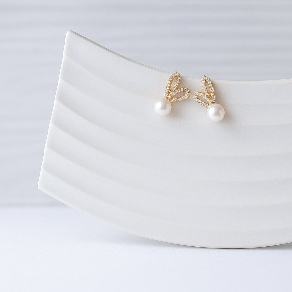 Sterling Silver Bunny Pearl Stud Earrings with CZ