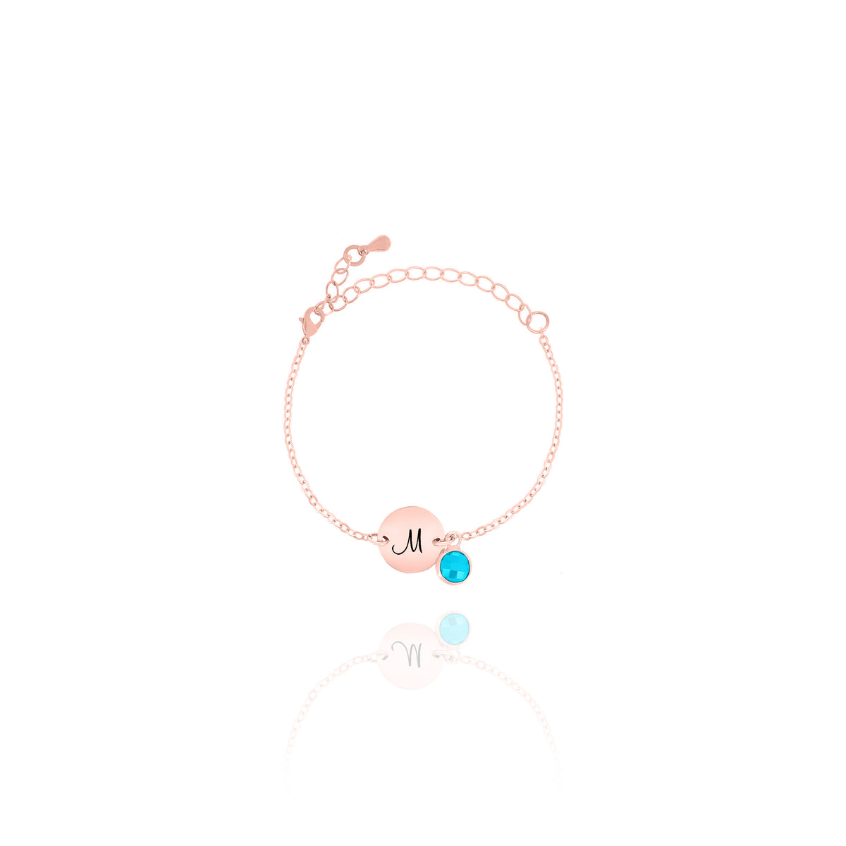 Personalized Birthstone Initial Bracelet – Round Stone Drop Disc Charm