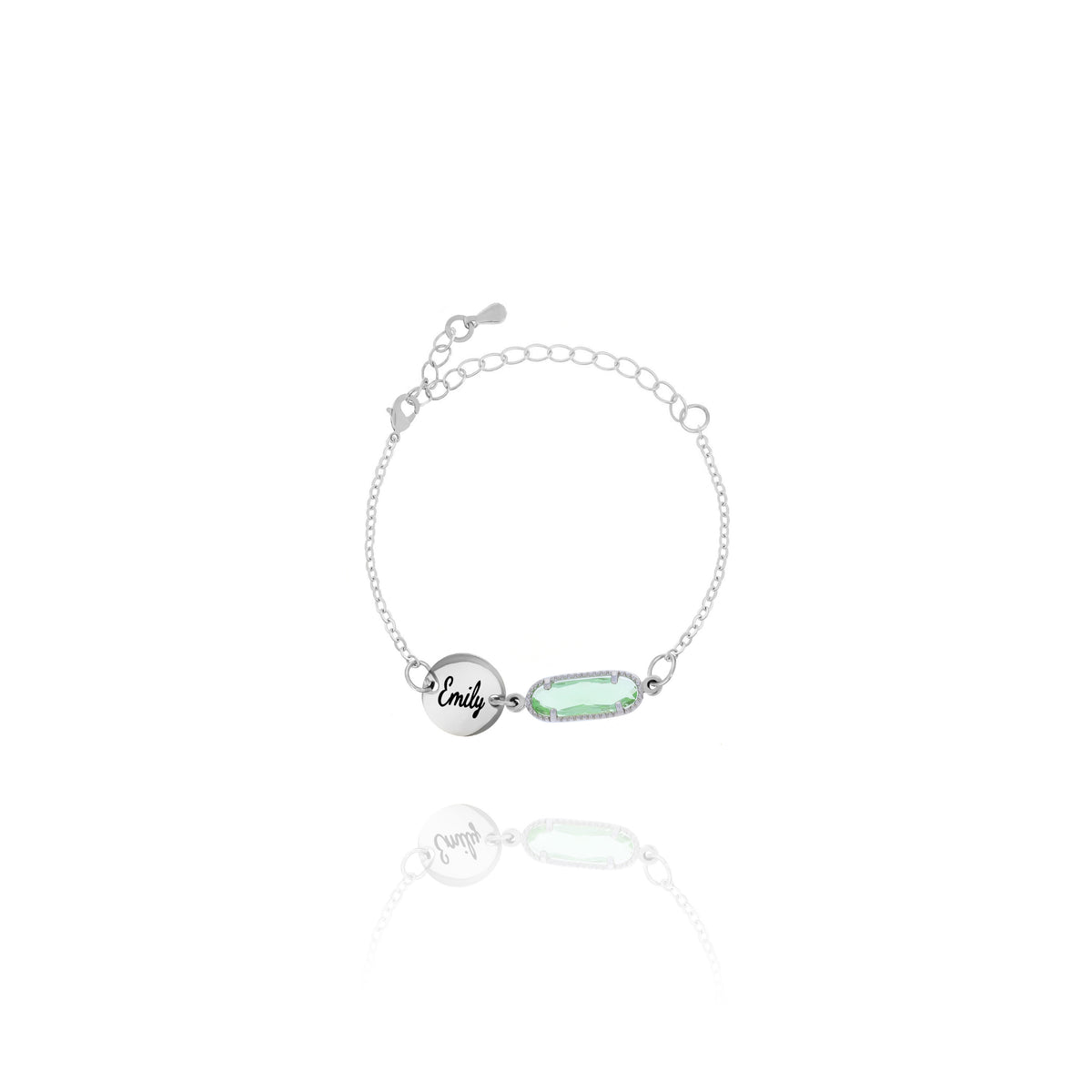 Silver-tone bracelet with round disc engraved Emily and pale green faceted rectangular stone on white background
