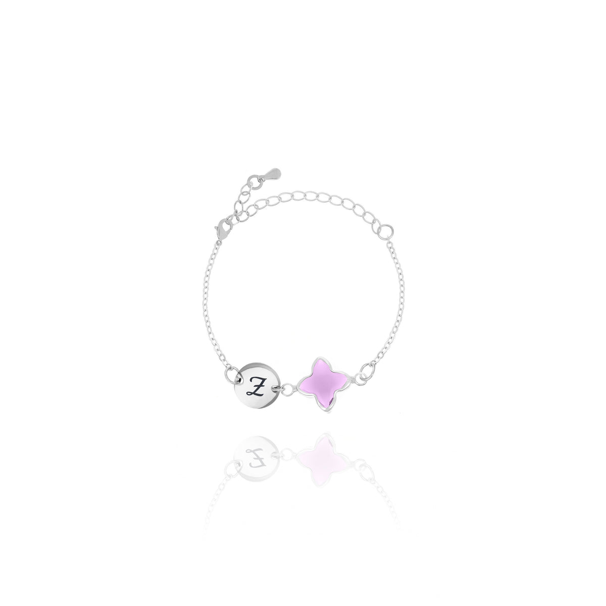 Silver-tone bracelet with engraved Z initial disc and pale purple four-lobed stone on white background