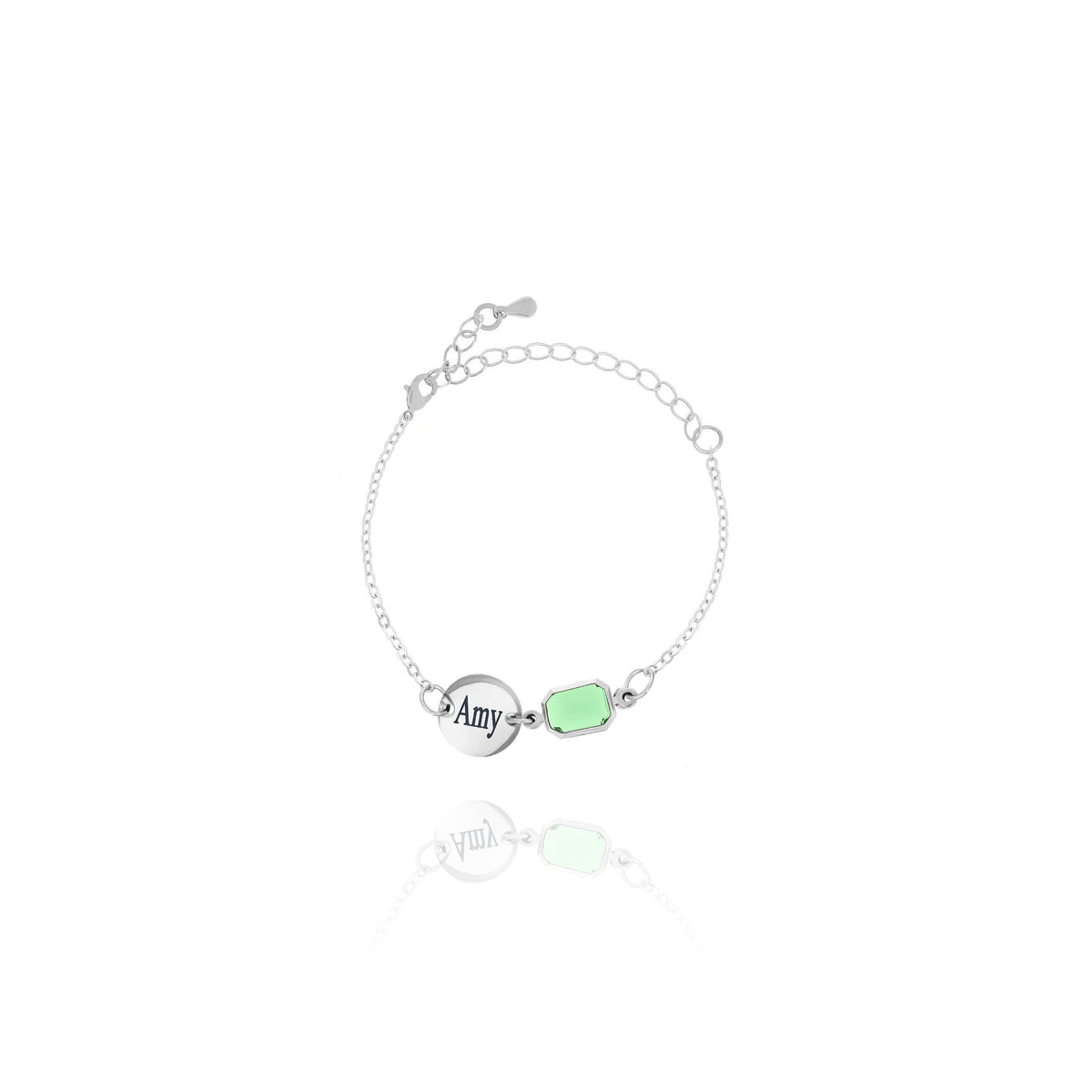 Silver-tone bracelet with round disc engraved Amy and light green rectangular stone on white background