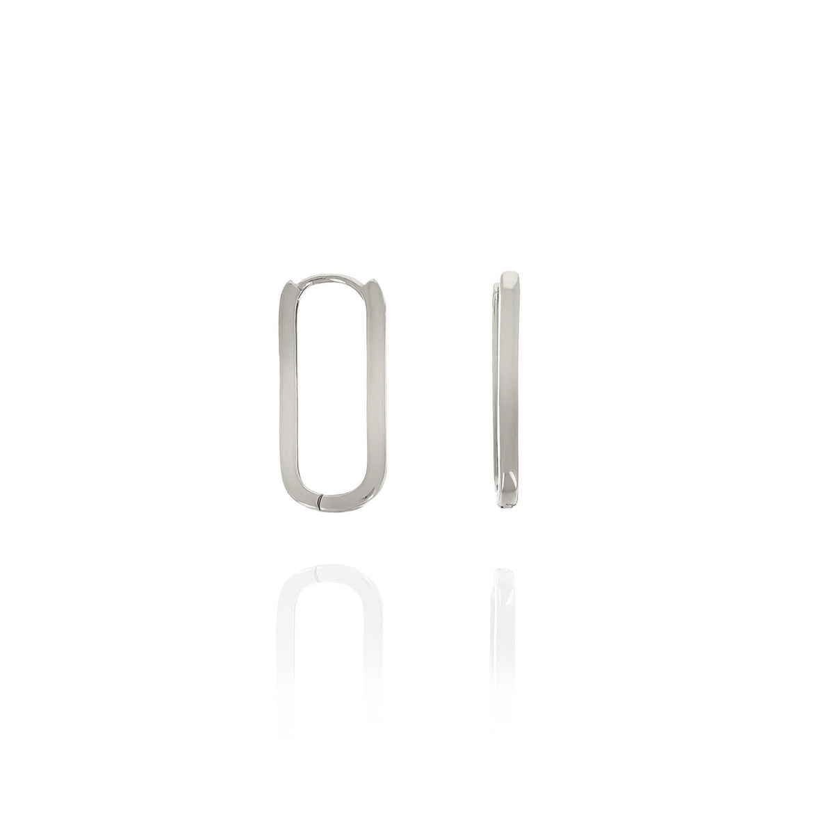 A pair of silver hoop earrings on a white background