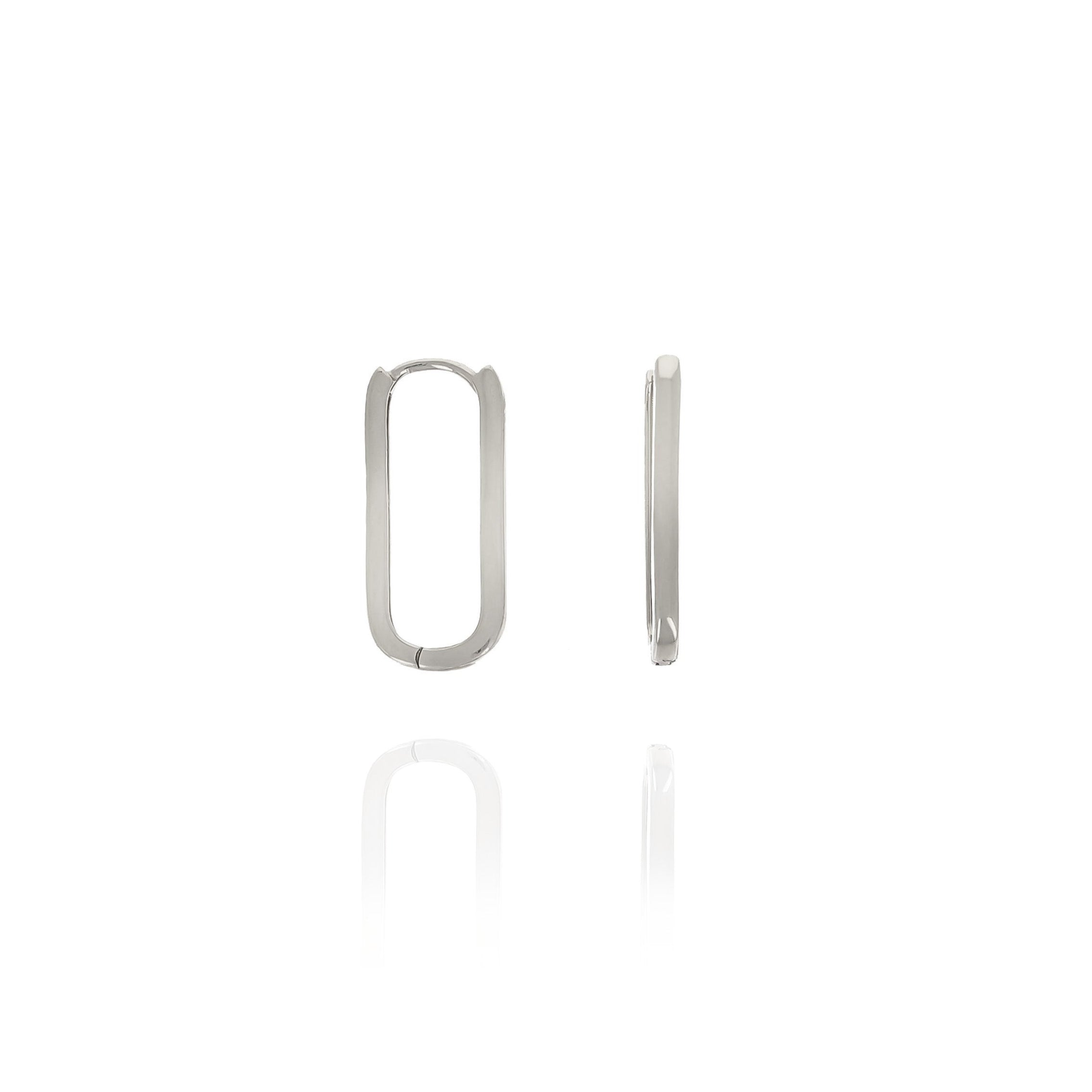 A pair of silver hoop earrings on a white background
