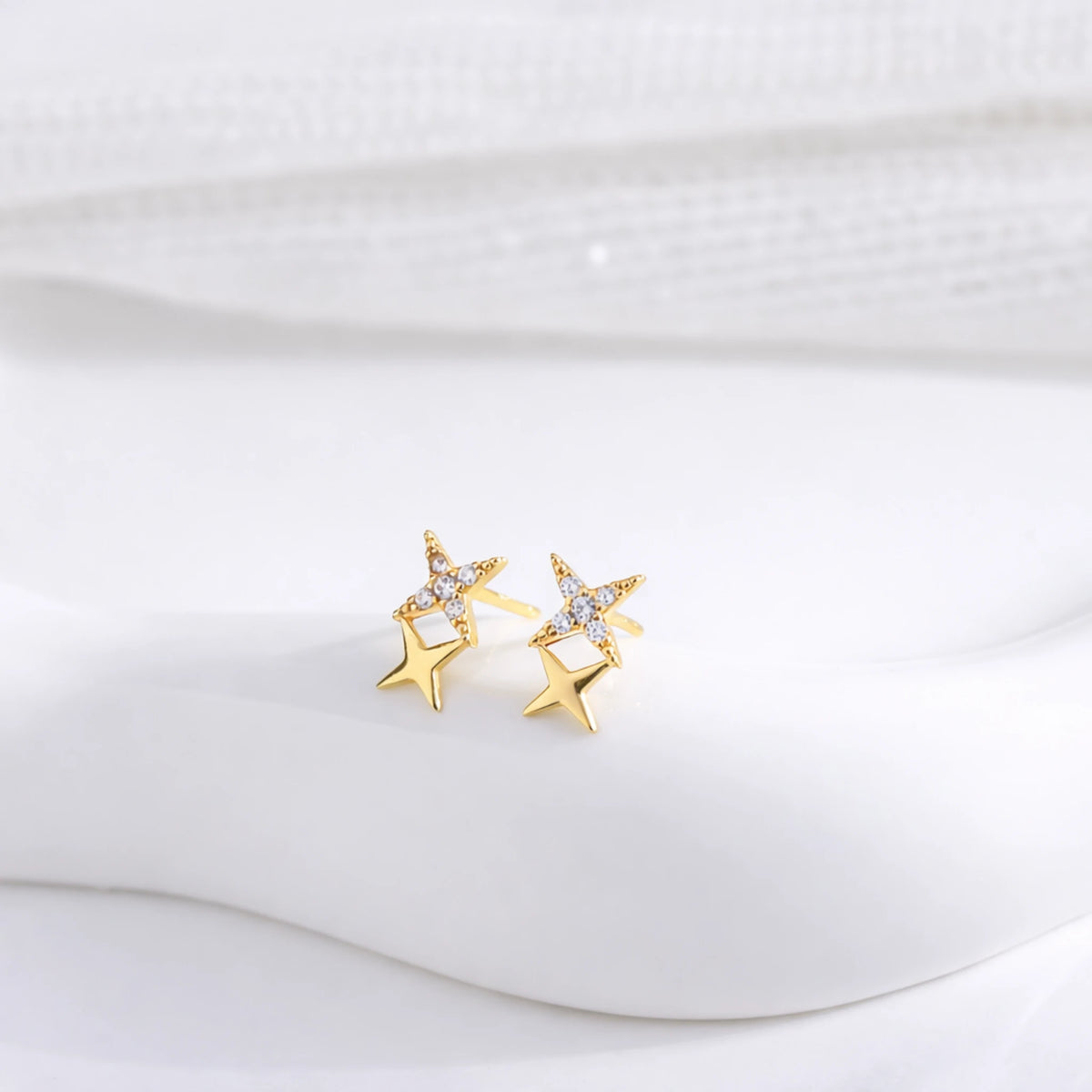 Sterling Silver Double Star Drop Stud Earrings