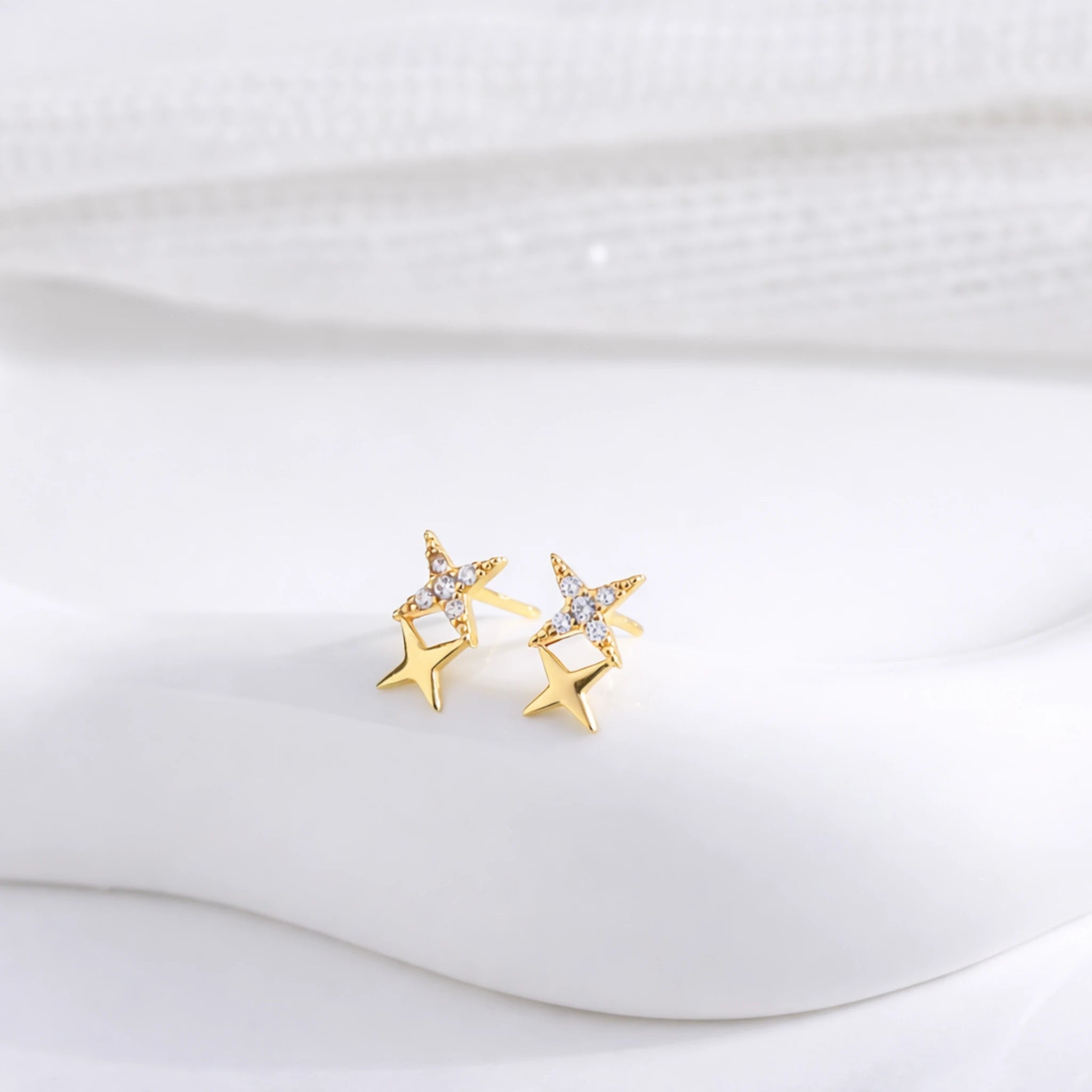 Sterling Silver Double Star Drop Stud Earrings